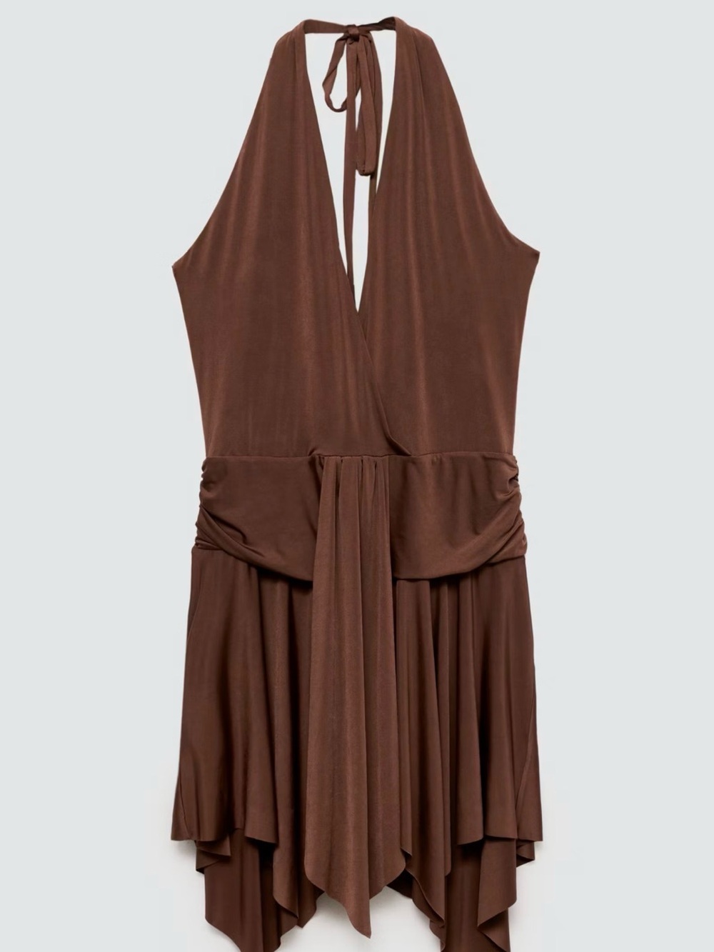 Mango Brown Halter V-Neck Handkerchief Hem Dress